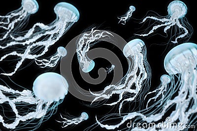 Dancing Blue Jellyfish on black background Stock Photo